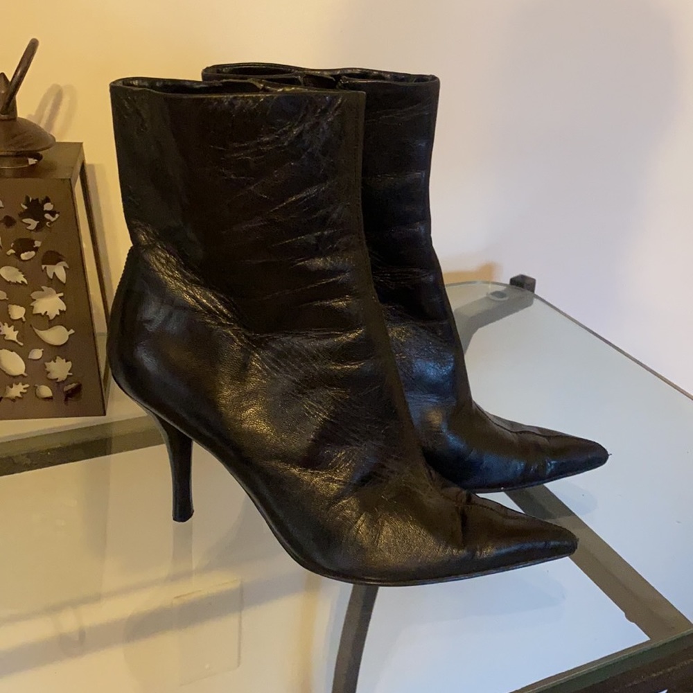 Black leather heeled boots